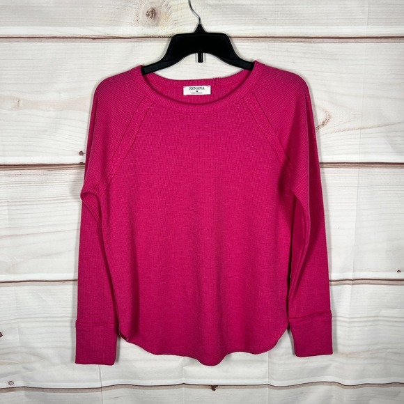 Zenana Outfitters Tops - Zenana Top Womens Medium Pink Waffle Knit T-Shirt Long Sleeve Round Neck Solid